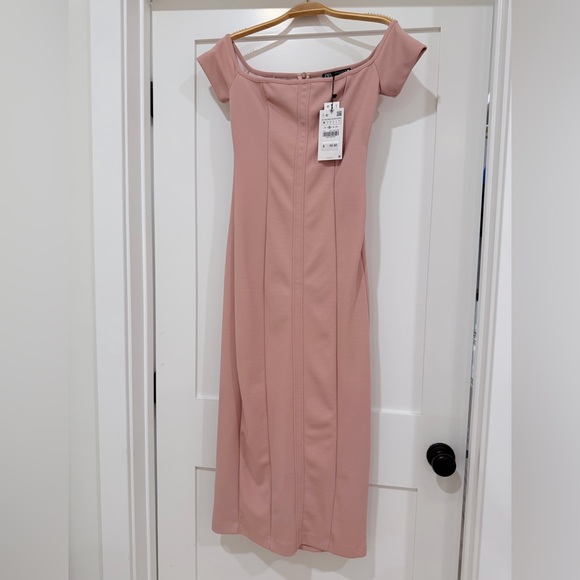 Zara bodycon midi Pink Off-Shoulder cap sleeve Dress - Picture 2 of 5